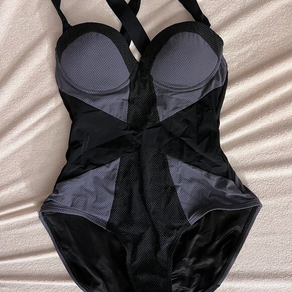 Spanx black and gray dot onepiece swim shapewear size small - Picture 2 of 7